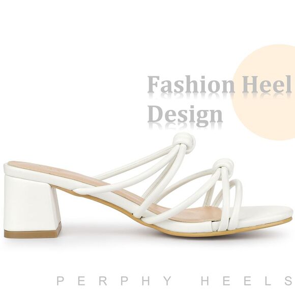 Strappy Heeled Knotted Slingback Block Heel Slide Sandals for Women, White - Picture 4 of 5
